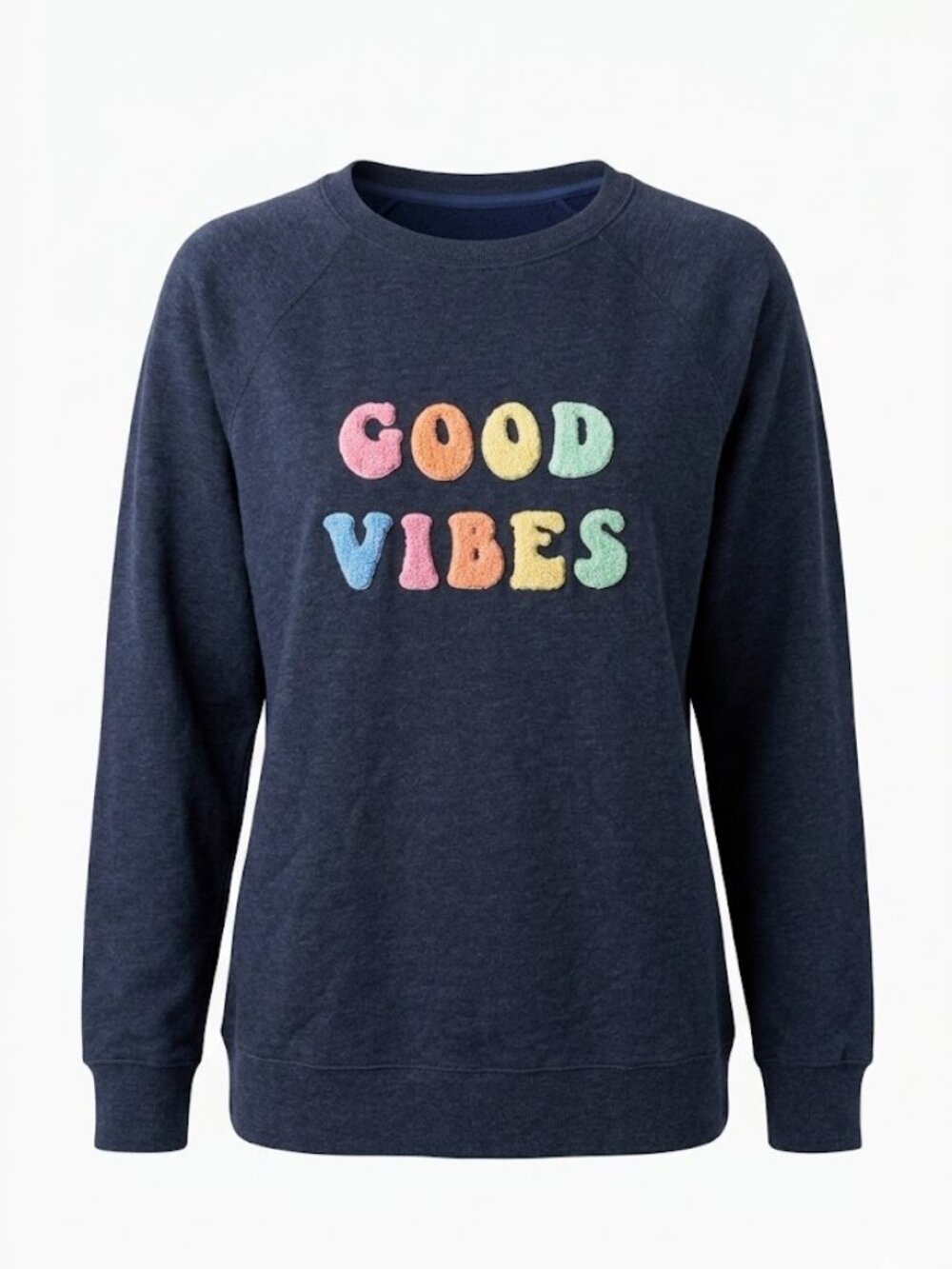 Wildfox Good Vibes Sweatshirt M Blue Oversized Fuzzy Shag Rainbow Logo Pullover